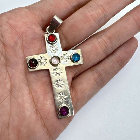 Sterling Silver 925 Multi-Gemstone Flower Design Cross Pendant Size 2.5" Length - Picture 2 of 11